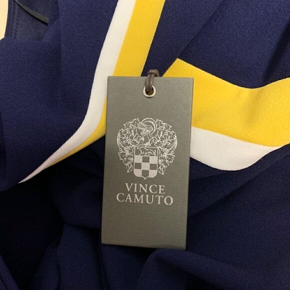 New! Vince Camuto Navy Blue Shift Dress With Yellow and White Side Stripe Sz 8 - Picture 5 of 8